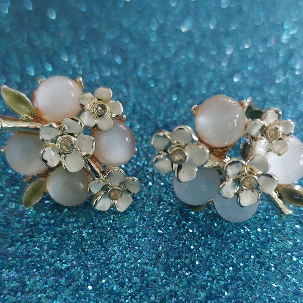 Coro Clip-on Moonstone Floral Vintage Earrings, Estate Jewelry